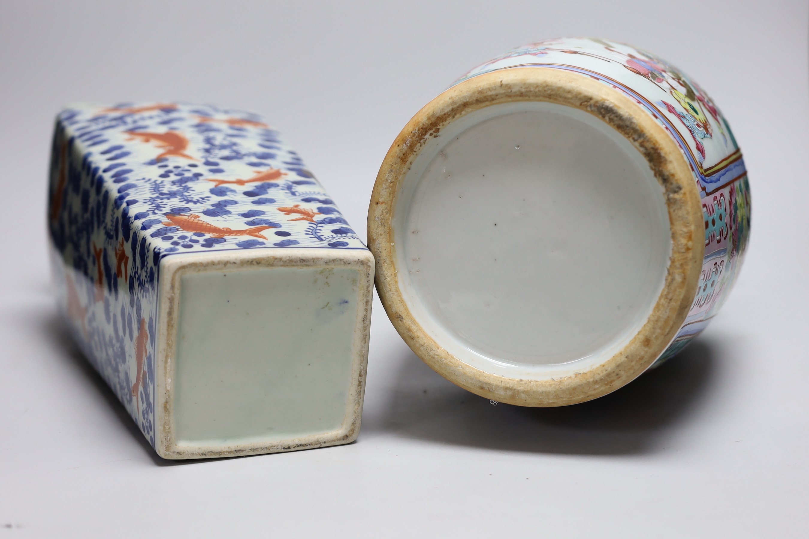 A 19th century Chinese famille rose vase, a squared Chinese vase and three celadon dishes, tallest 36cm
